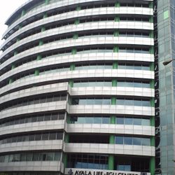 A picture of Ayala Life FGU Center: the shot was taken from the opposite corner of the intersection at the front of Estrellita Building II.
