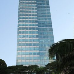 BDO Equitable Tower is a tall building covered in blue-green glass panels. This picture shows the view from the middle of Ayala Triangle Park.