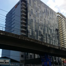 Panorama TechnoCenter is a cuboid building with patterns of gray and white Tetris blocks. Shown here is the view from across EDSA. The LRT rail structure partially blocks th building.
